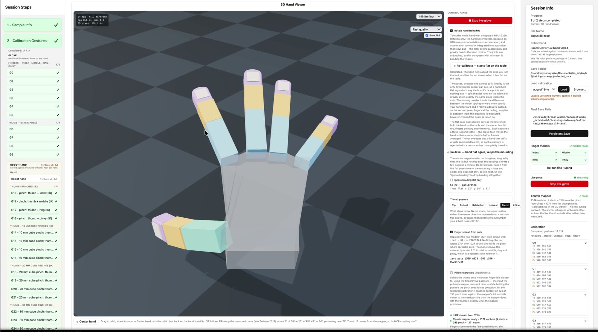 The Grasp capture application: the 3D hand viewer driven live by the glove, with the calibration step list and session settings